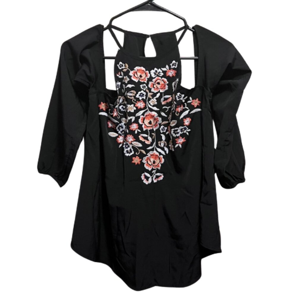 Abercrombie & Fitch Black Cold-Shoulder Blouse with Pink Floral Embroidery
